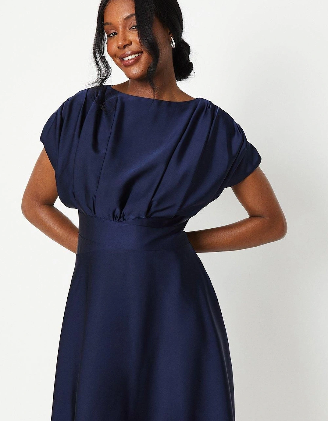 Satin Pleat Shoulder Handkerchief Hem Midi Dress