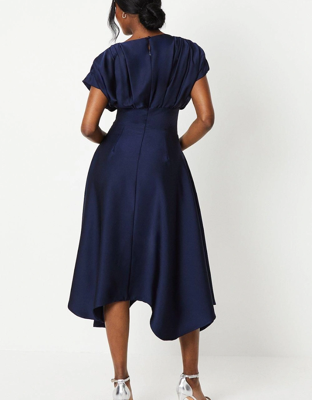 Satin Pleat Shoulder Handkerchief Hem Midi Dress