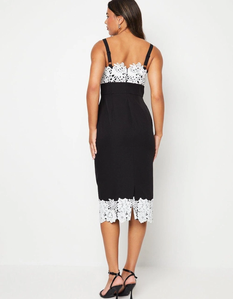 Square Neck Lace Detail Crepe Pencil Dress