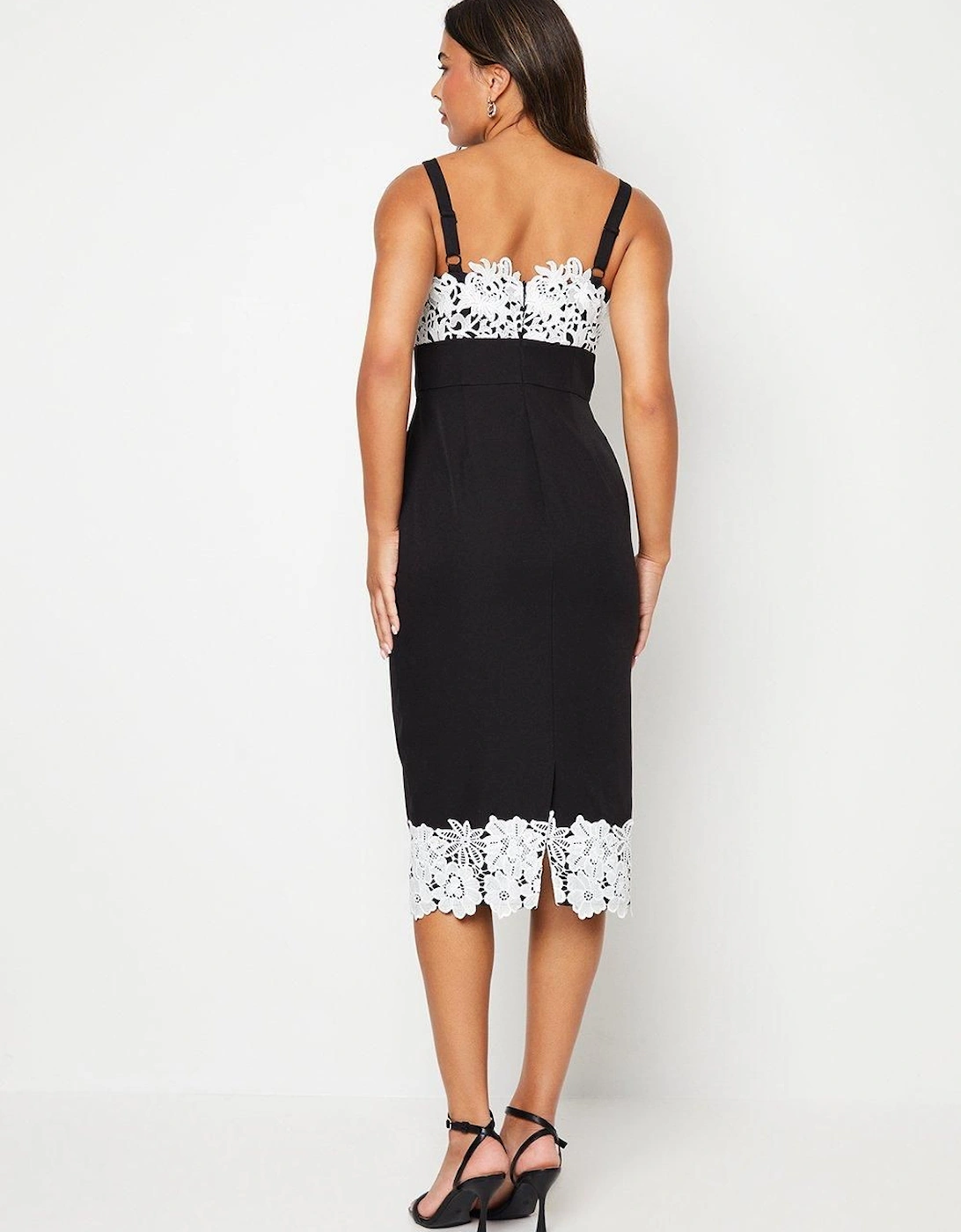 Square Neck Lace Detail Crepe Pencil Dress