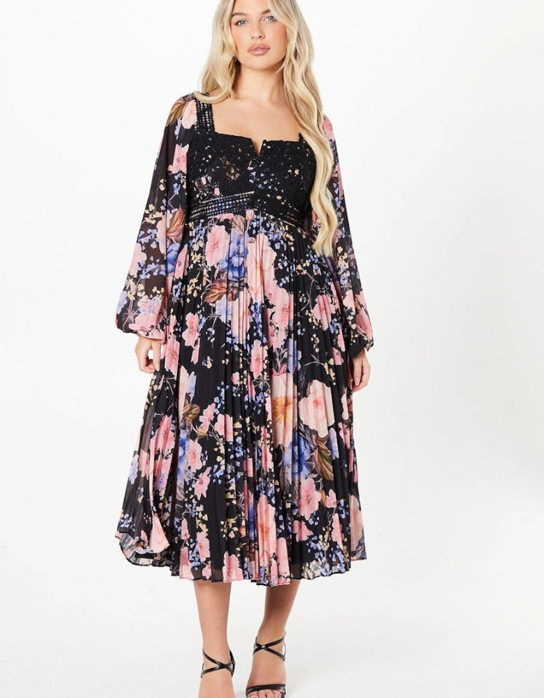 Petite Placement Print Lace Midi Wedding Guest Dress