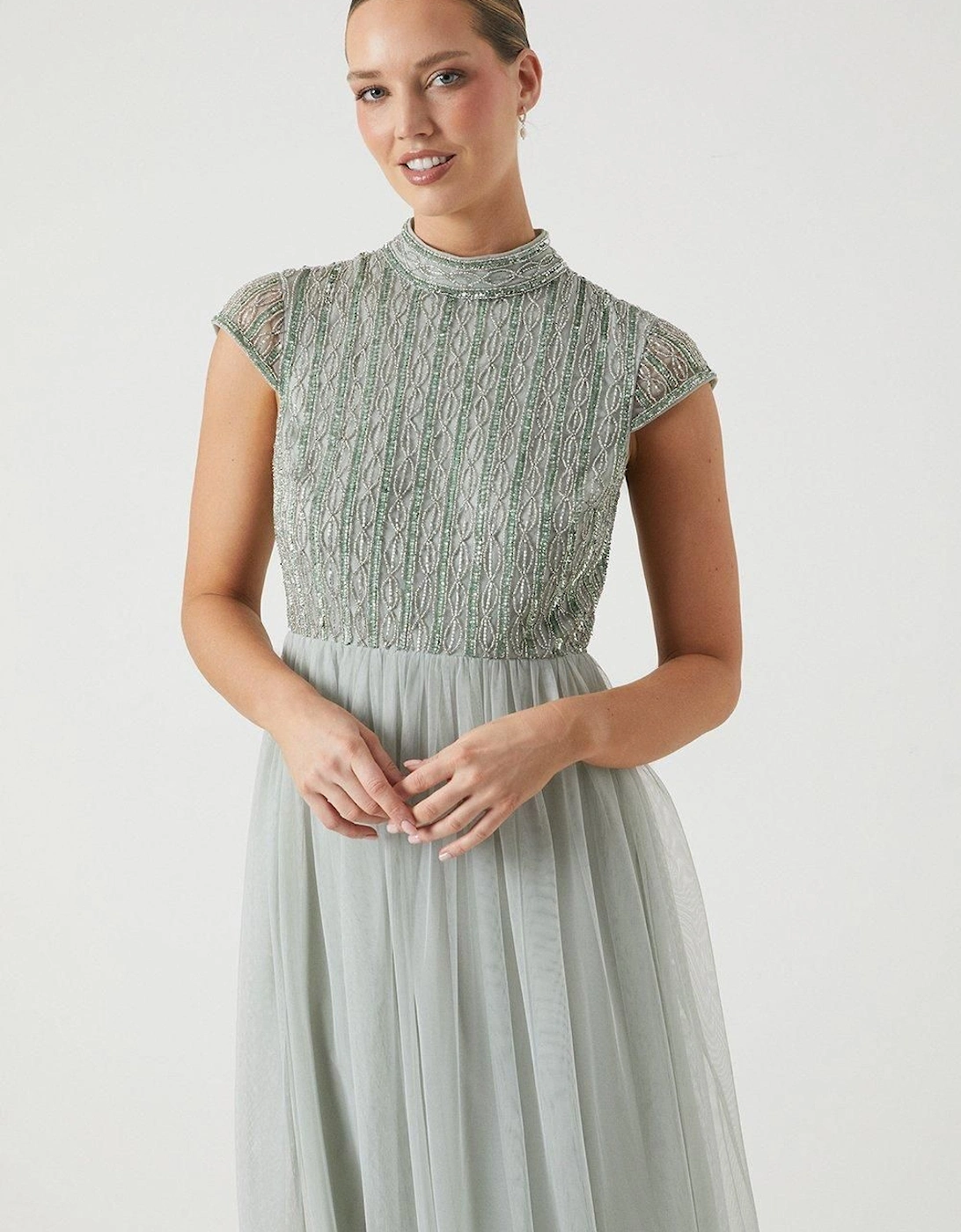 Mixed Bead Cap Sleeve Bridesmaid Midi Dress