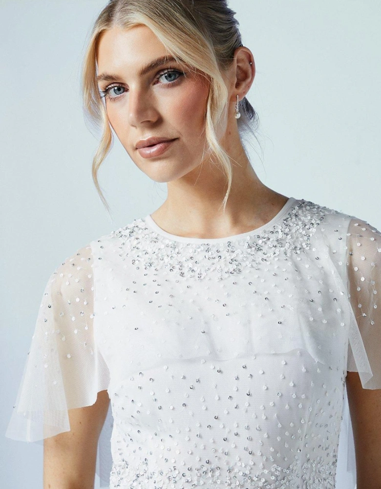 Cape Detail Ombre Embellished Mesh Wedding Dress