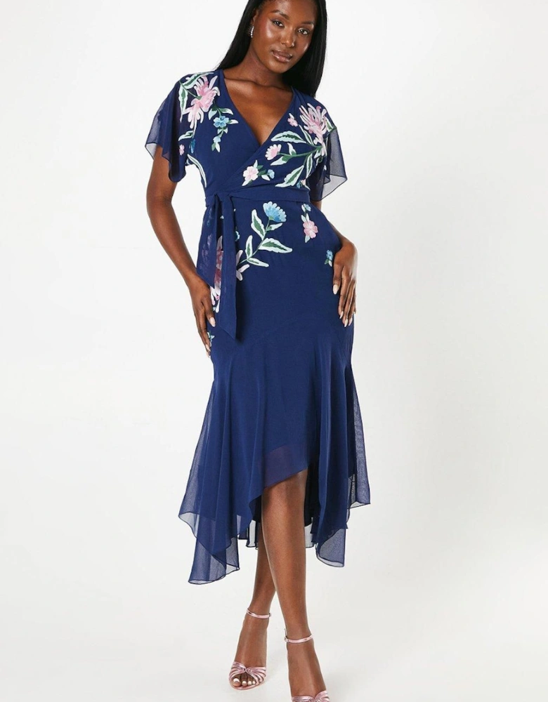 Floral Embroidered Wrap Bodice Dipped Skirt Dress