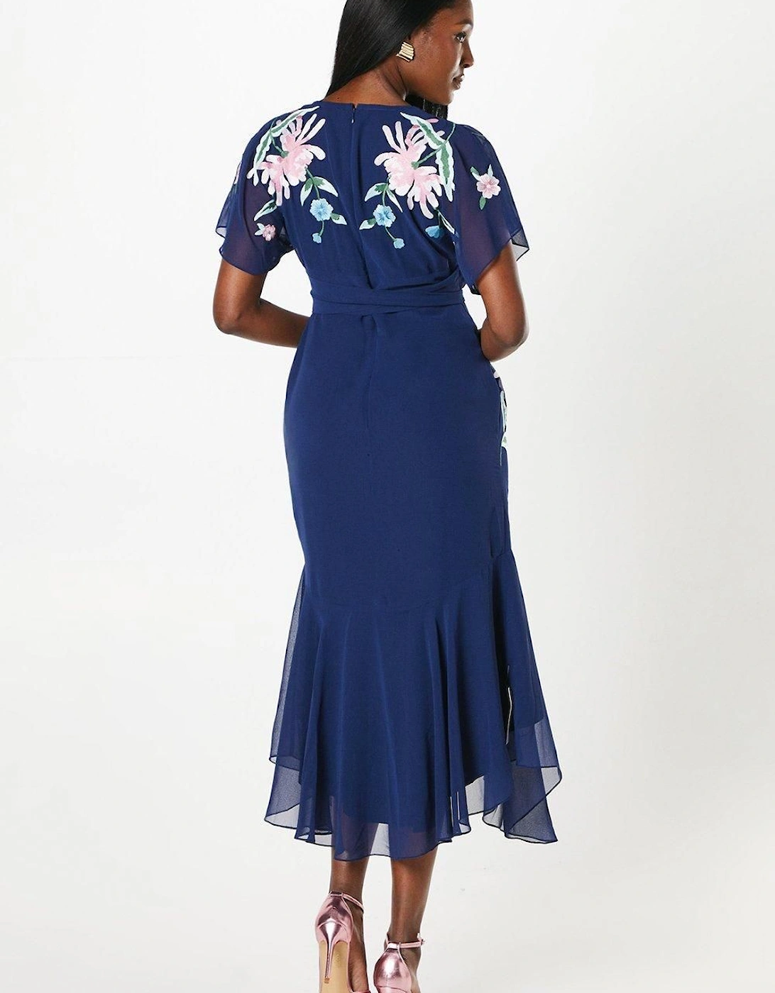 Floral Embroidered Wrap Bodice Dipped Skirt Dress