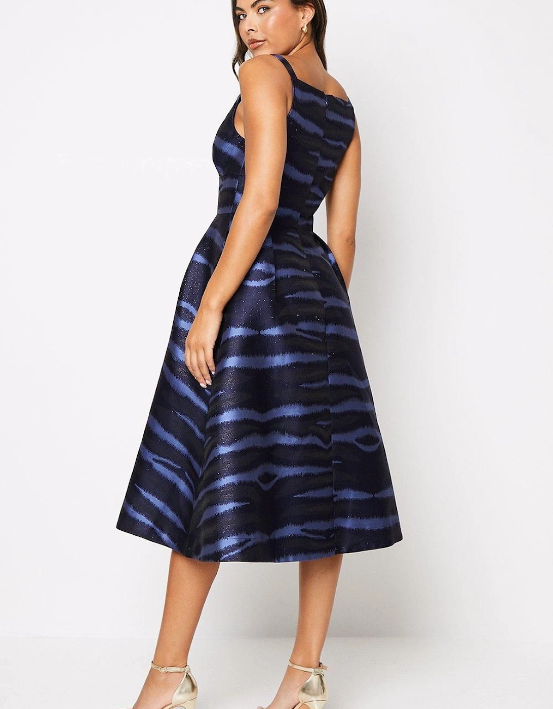 Notch Neck Stripe Jacquard Midi Wedding Guest Dress