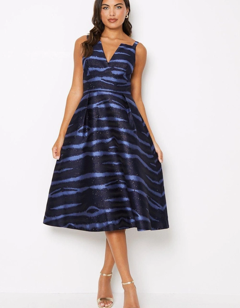 Notch Neck Stripe Jacquard Midi Wedding Guest Dress