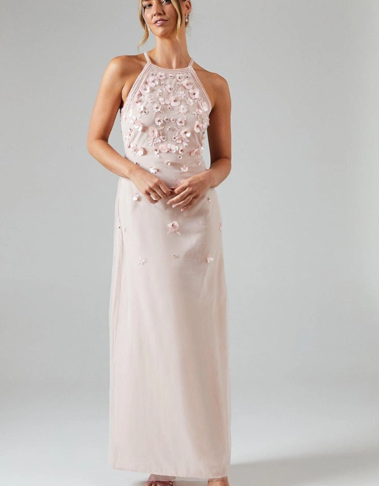 Halterneck Trailing Floral Embellished Bridesmaids Dress