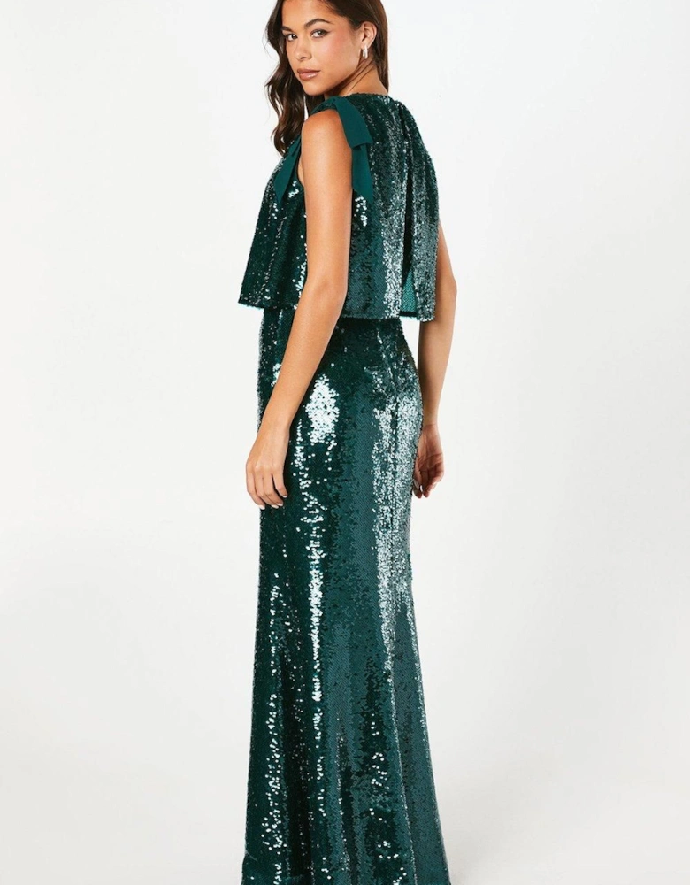 Tie Shoulder Stretch Sequin Maxi Dress