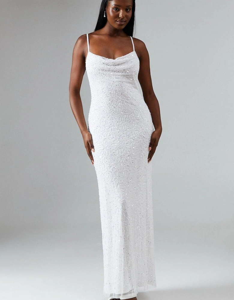 Sequin Embellished Strappy Cowl Back Wedding Dress