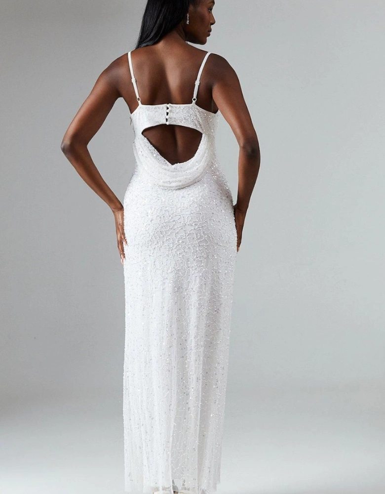 Sequin Embellished Strappy Cowl Back Wedding Dress