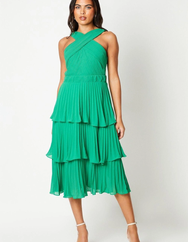 Pleated Bodice Chiffon Tiered Midi Dress