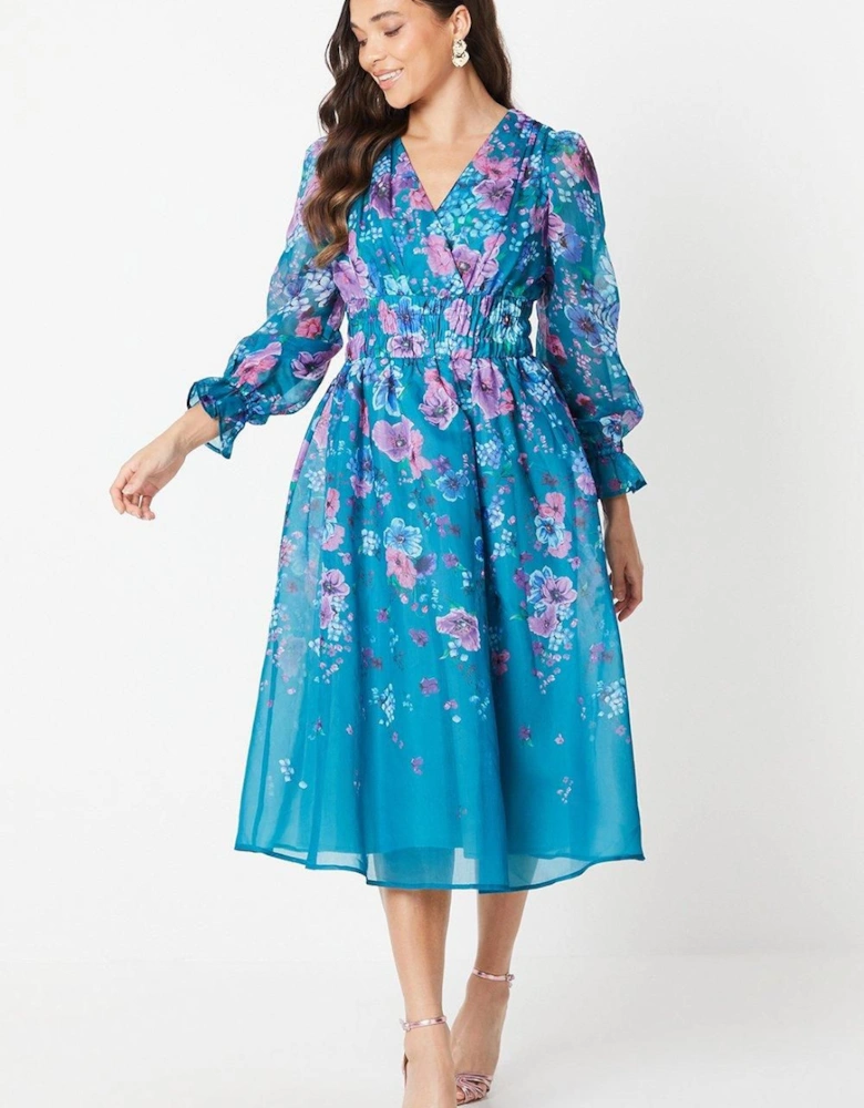 Petite Printed Blouson Sleeve Organza Midi Dress