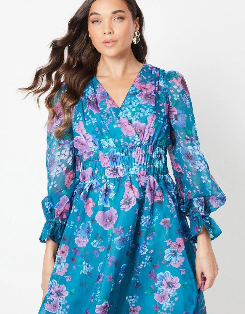 Petite Printed Blouson Sleeve Organza Midi Dress