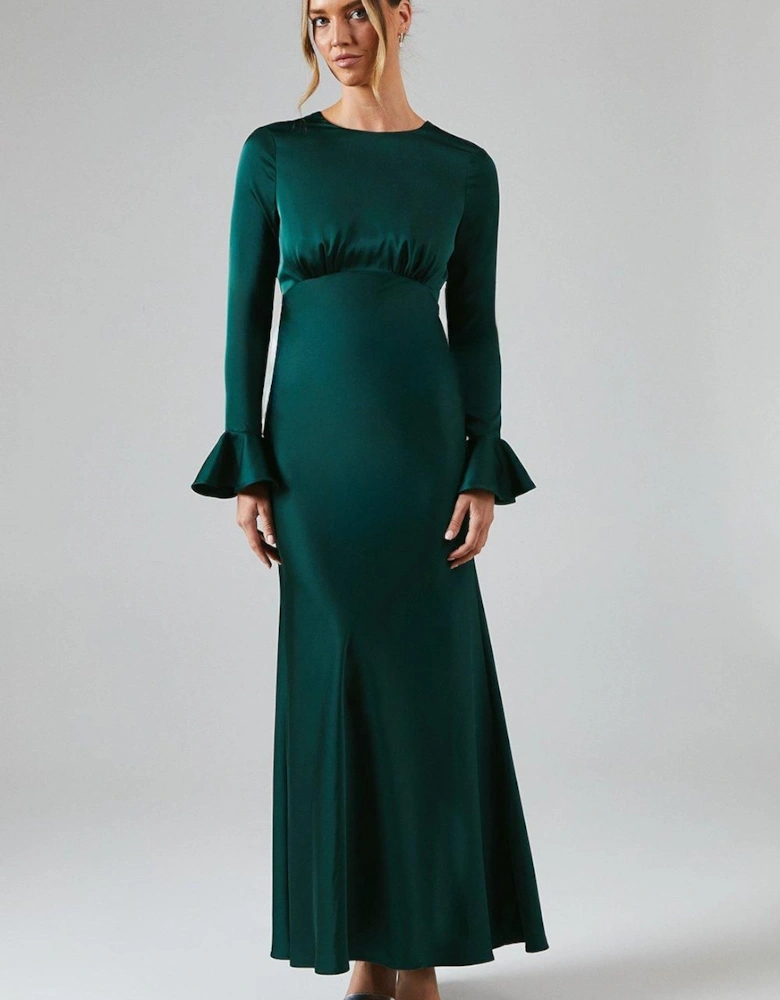 Long Sleeve Flute Hem Satin Bridesmaid Dress