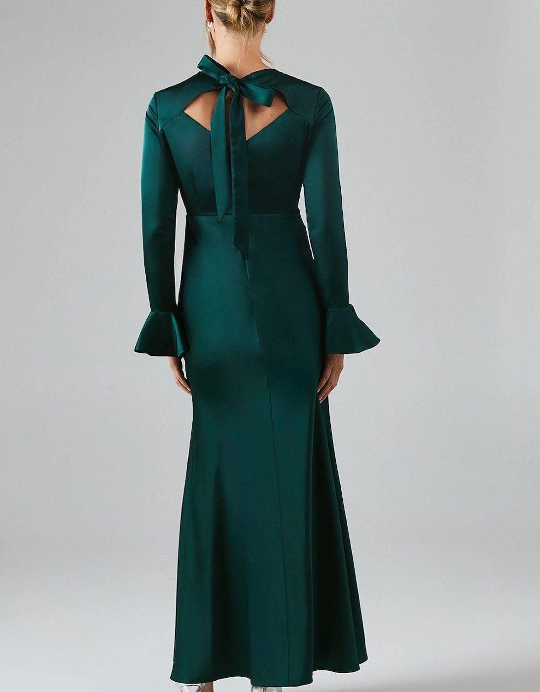 Long Sleeve Flute Hem Satin Bridesmaid Dress