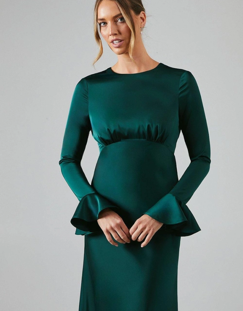 Long Sleeve Flute Hem Satin Bridesmaid Dress