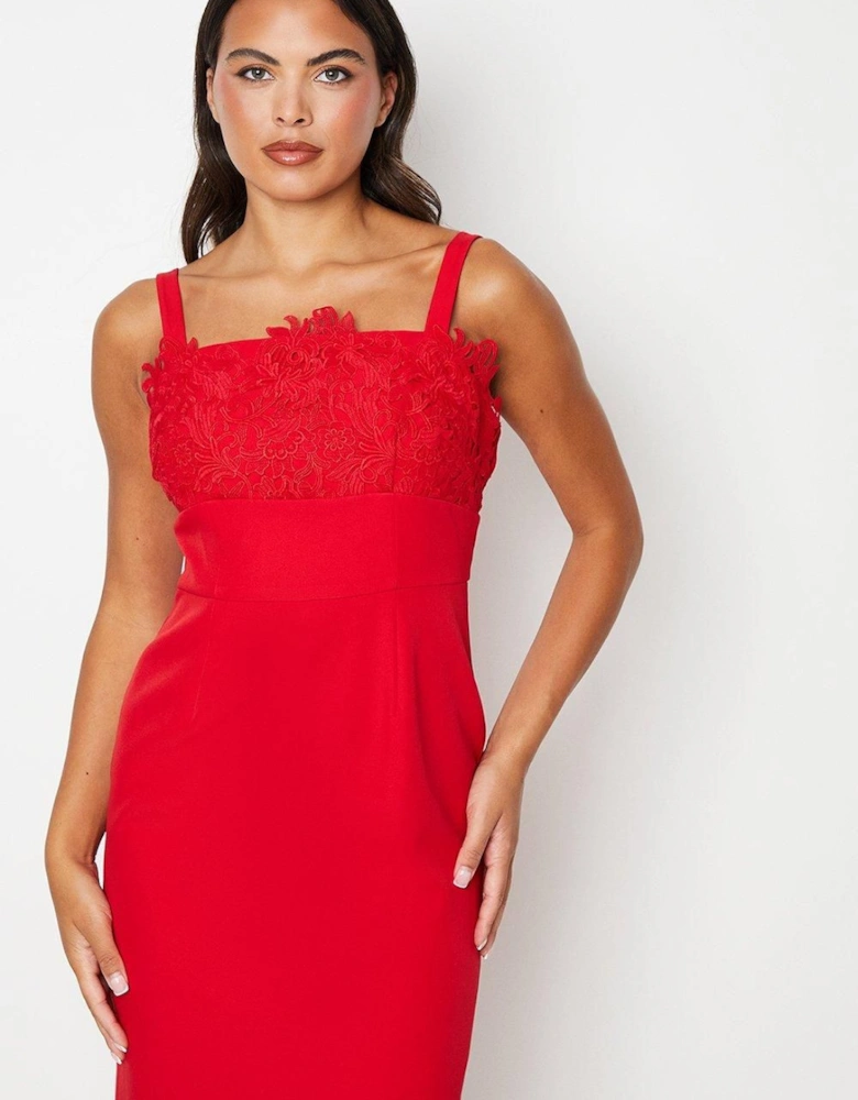 Square Neck Lace Detail Crepe Pencil Dress