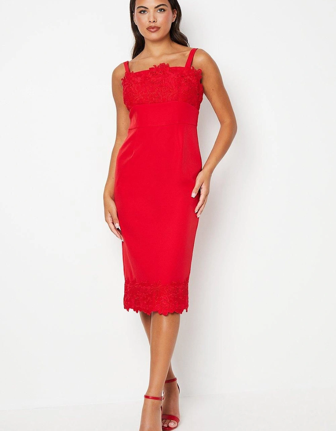 Square Neck Lace Detail Crepe Pencil Dress, 6 of 5