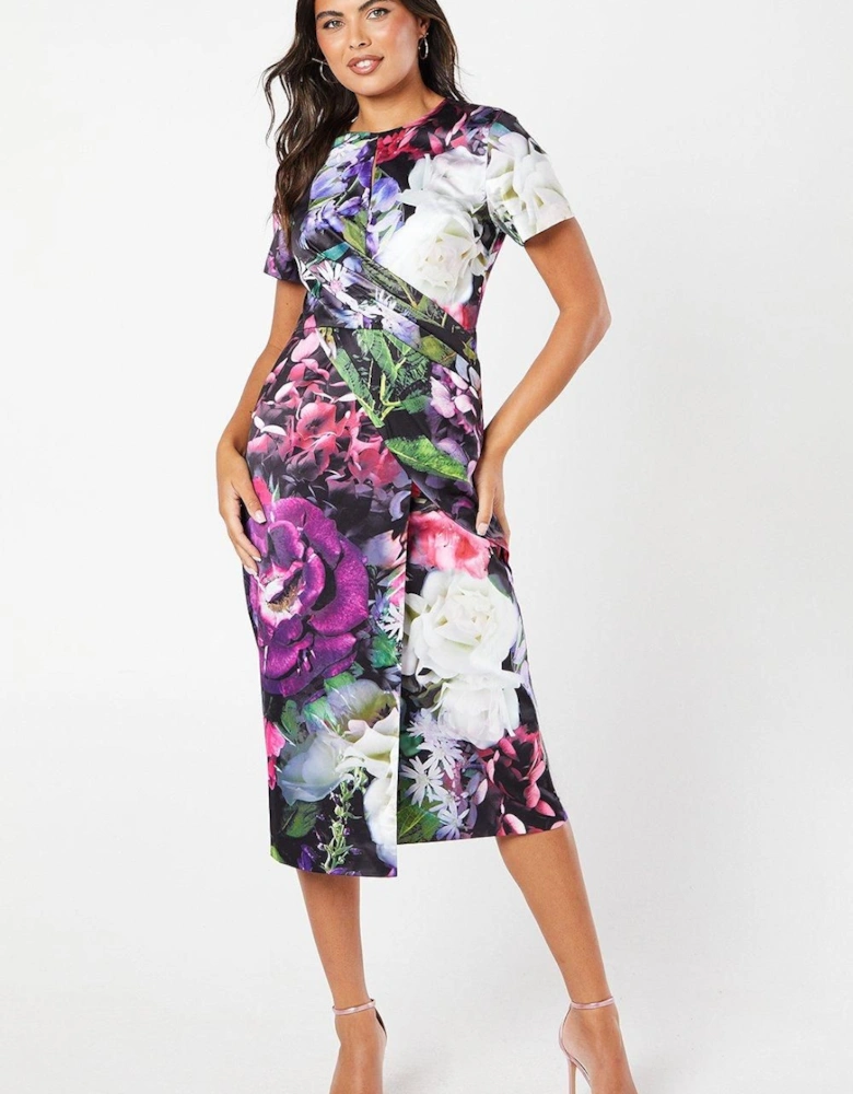 Printed Pleat Detail Wrap Skirt Pencil Midi Wedding Guest Dress