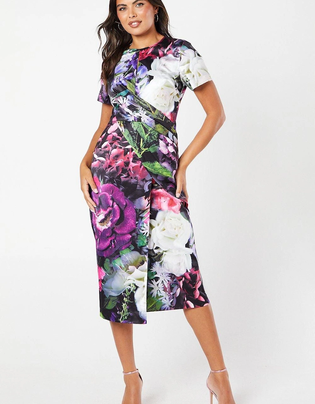 Printed Pleat Detail Wrap Skirt Pencil Midi Wedding Guest Dress, 6 of 5