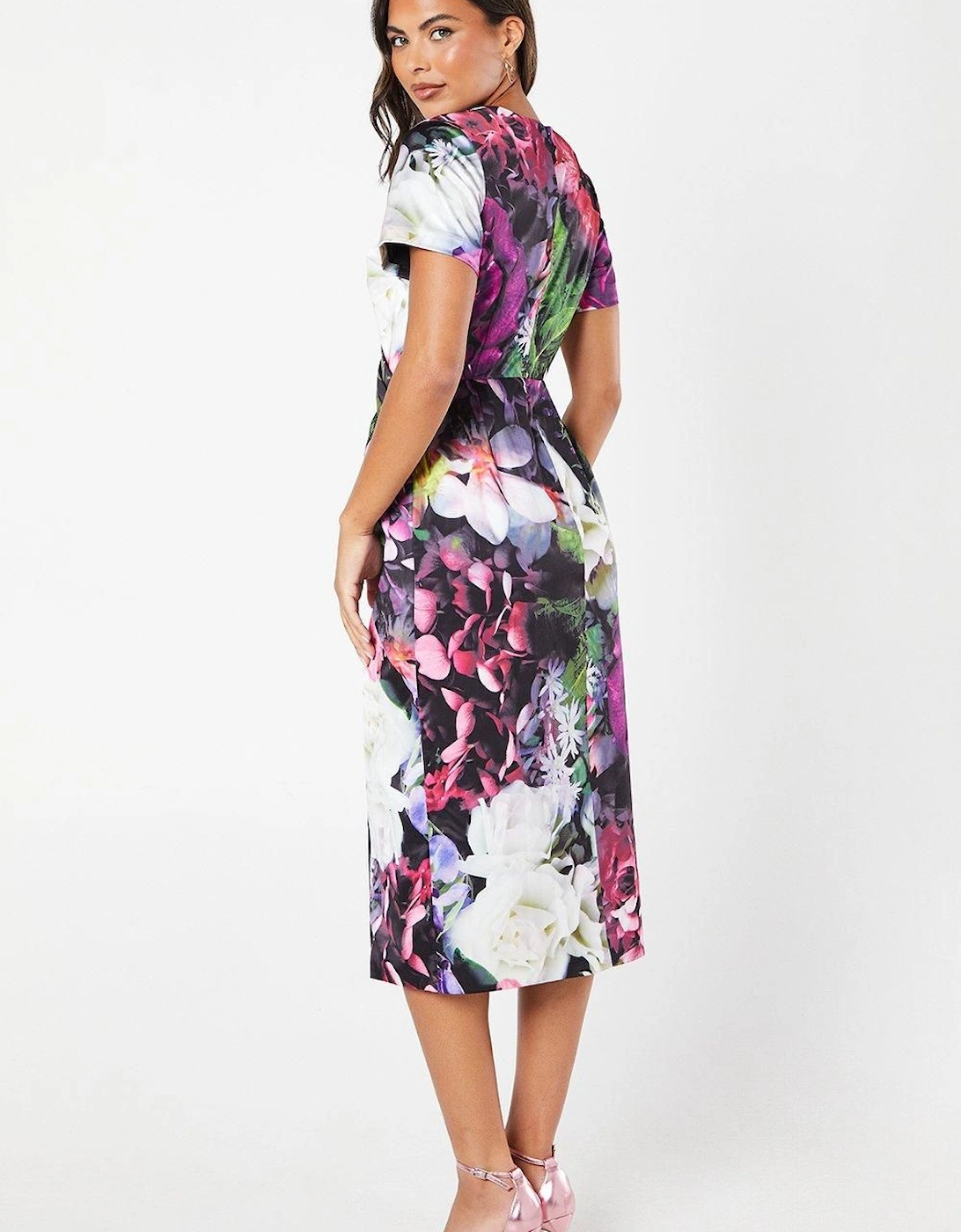 Printed Pleat Detail Wrap Skirt Pencil Midi Wedding Guest Dress