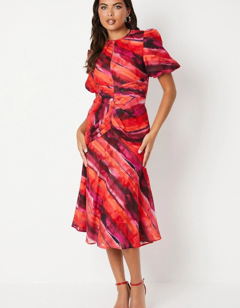 Printed Puff Sleeve Midi Wedding Guest Dress