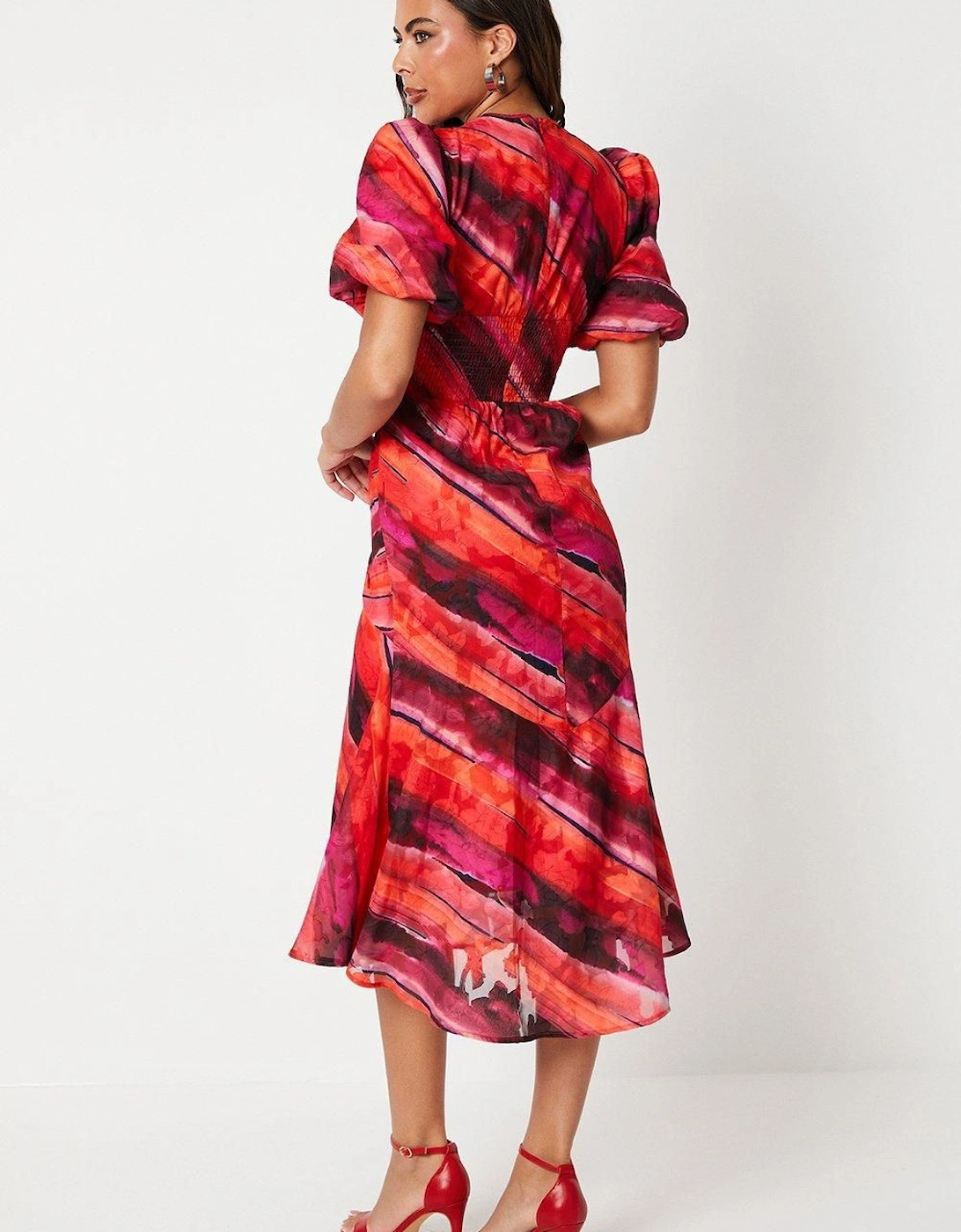 Printed Puff Sleeve Midi Wedding Guest Dress