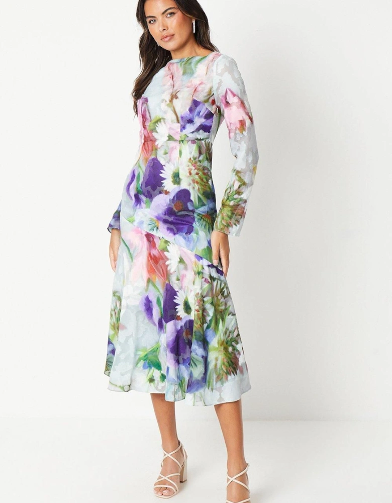 Bias Cut Georgette Jacquard Flute Sleeve Midi Dress