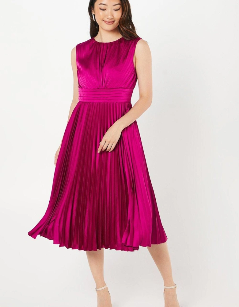 Pleated Satin Midi Wedding Guest Dress