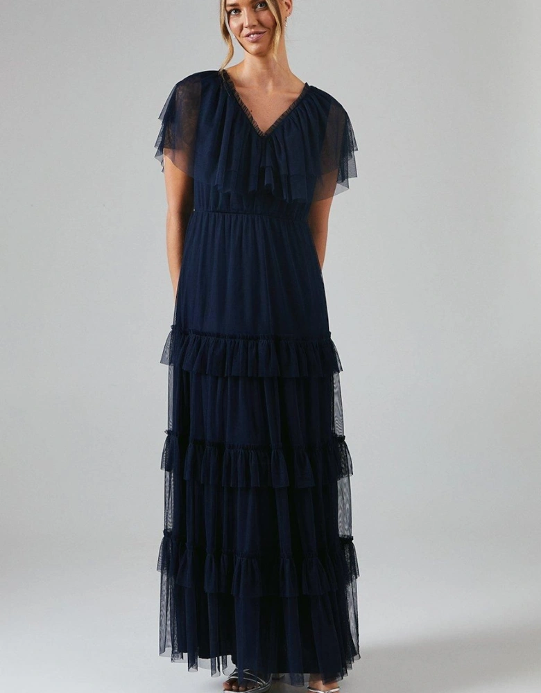 V Neck Tiered Mesh Maxi Bridesmaid Dress