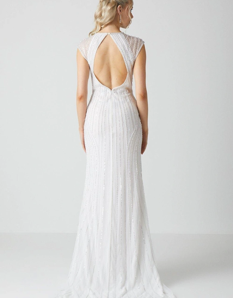 Embellished Cap Sleeve Linear Embellished Wedding Dress