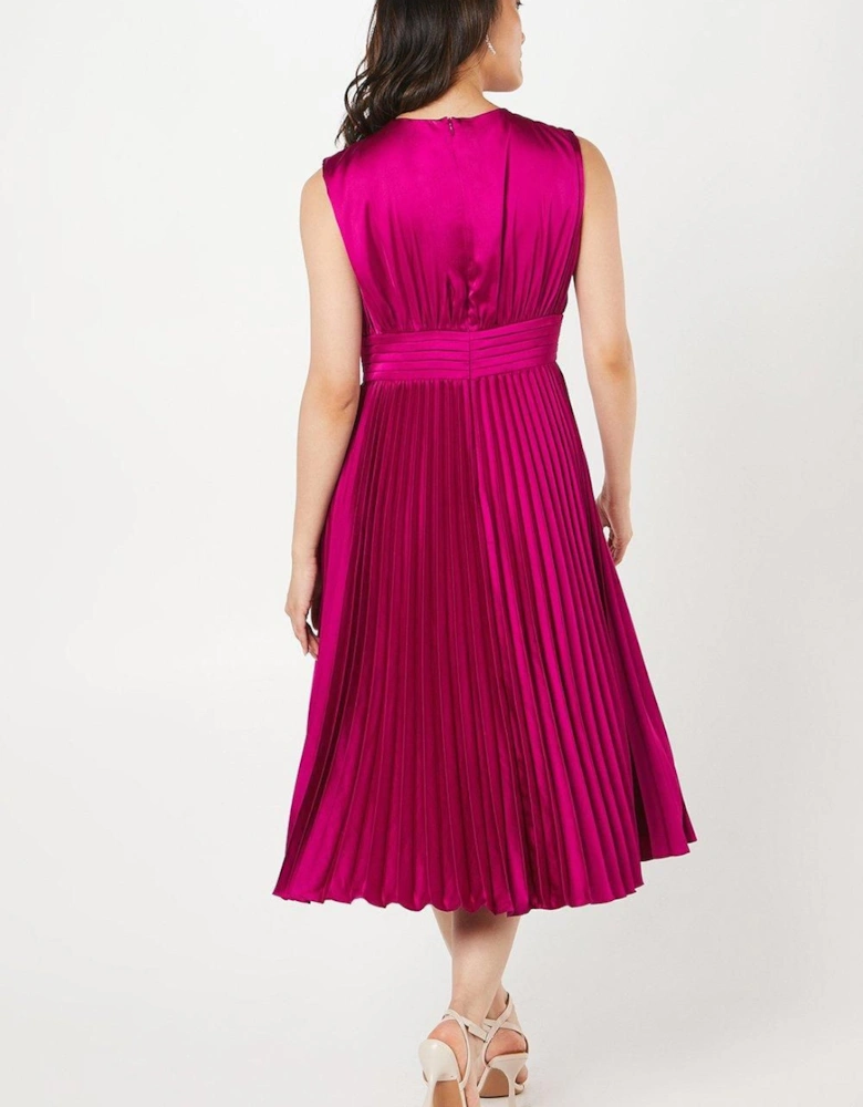 Pleated Satin Midi Wedding Guest Dress