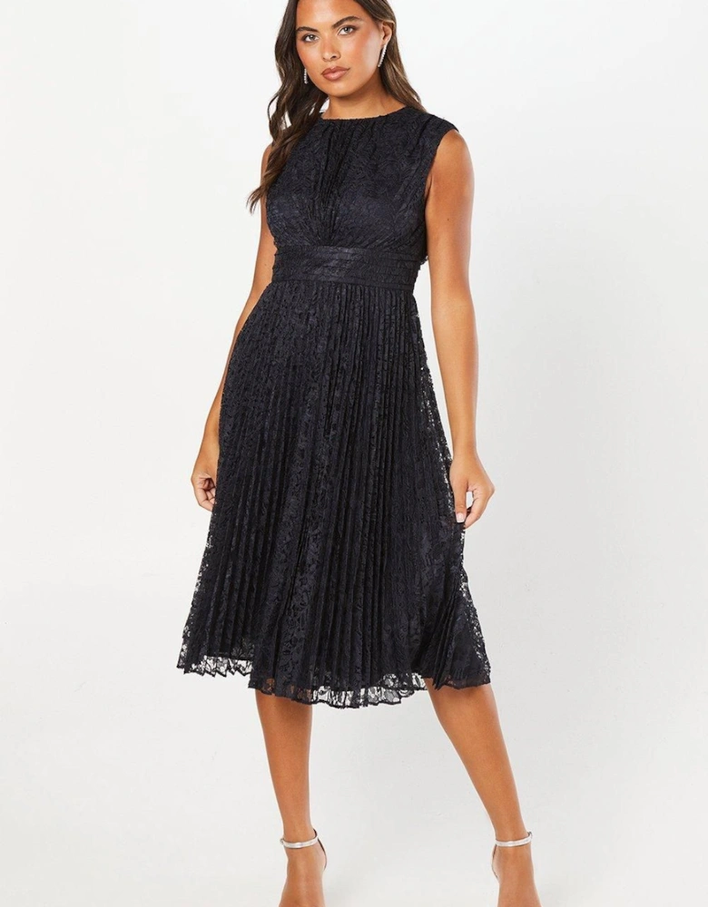 Pleated Lace Midi Wedding Guest Dress