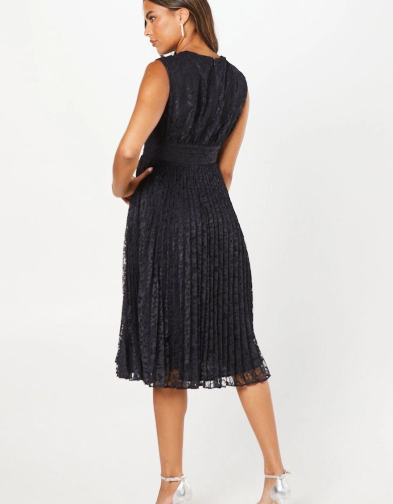 Pleated Lace Midi Wedding Guest Dress