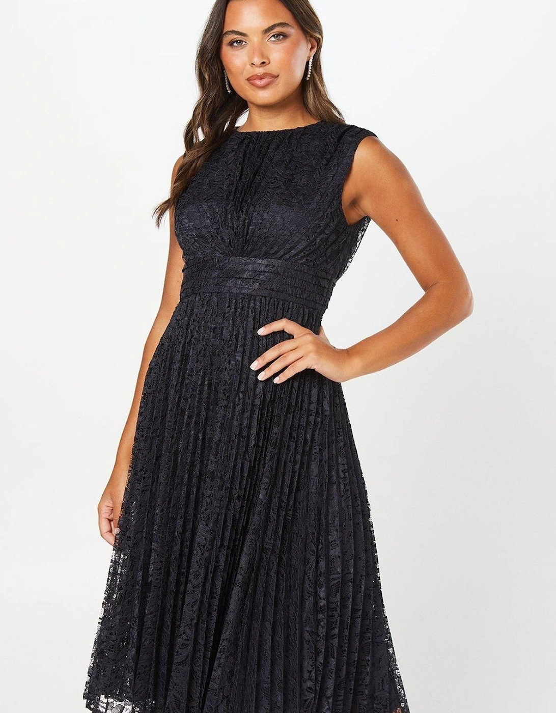 Pleated Lace Midi Wedding Guest Dress