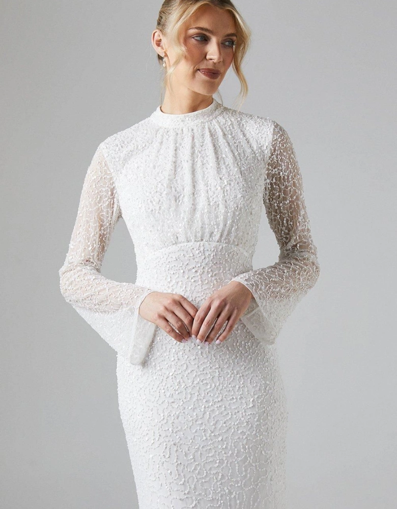 High Neck Long Sleeve Sequin Embellished Cowl Back Wedding Dress