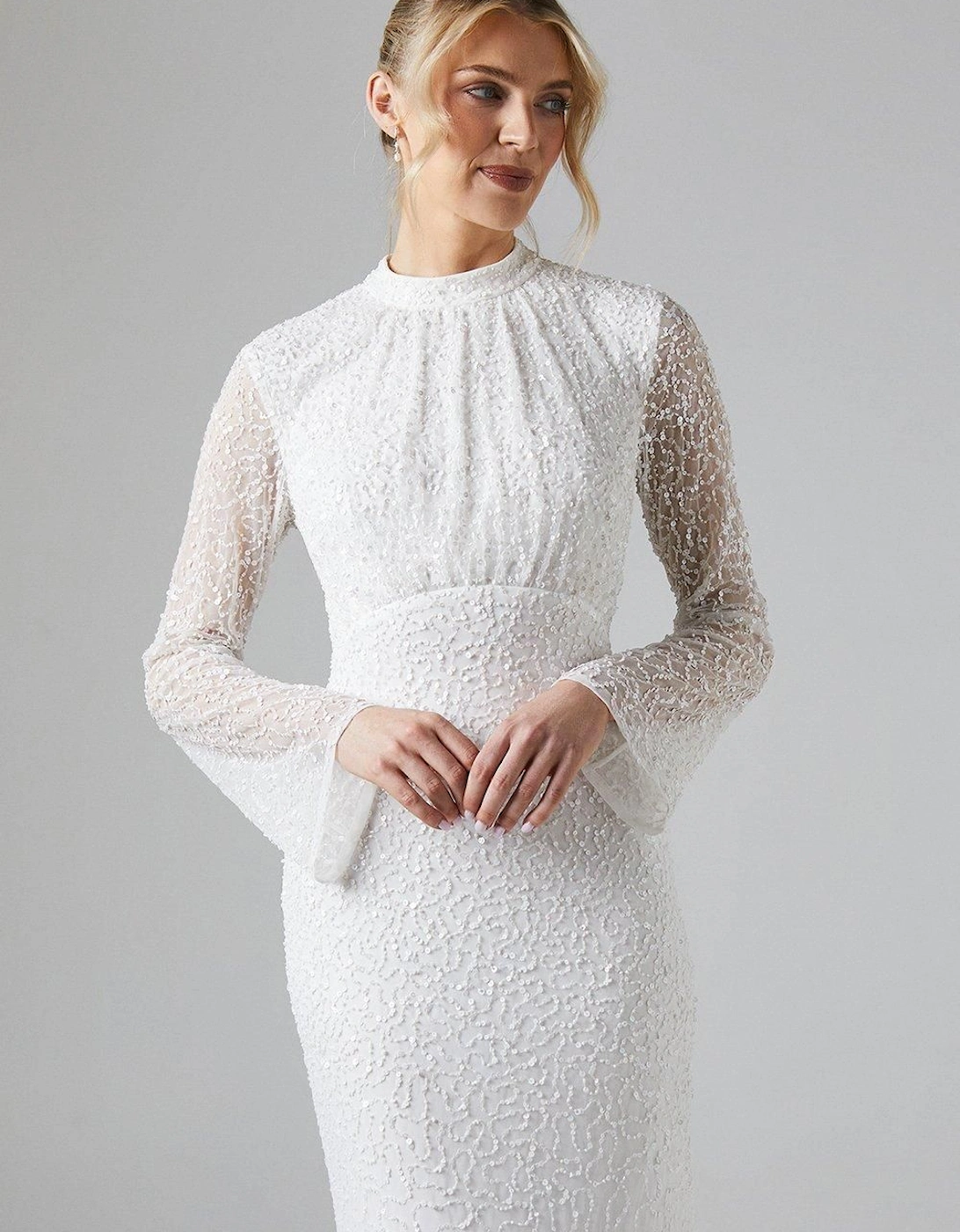 High Neck Long Sleeve Sequin Embellished Cowl Back Wedding Dress