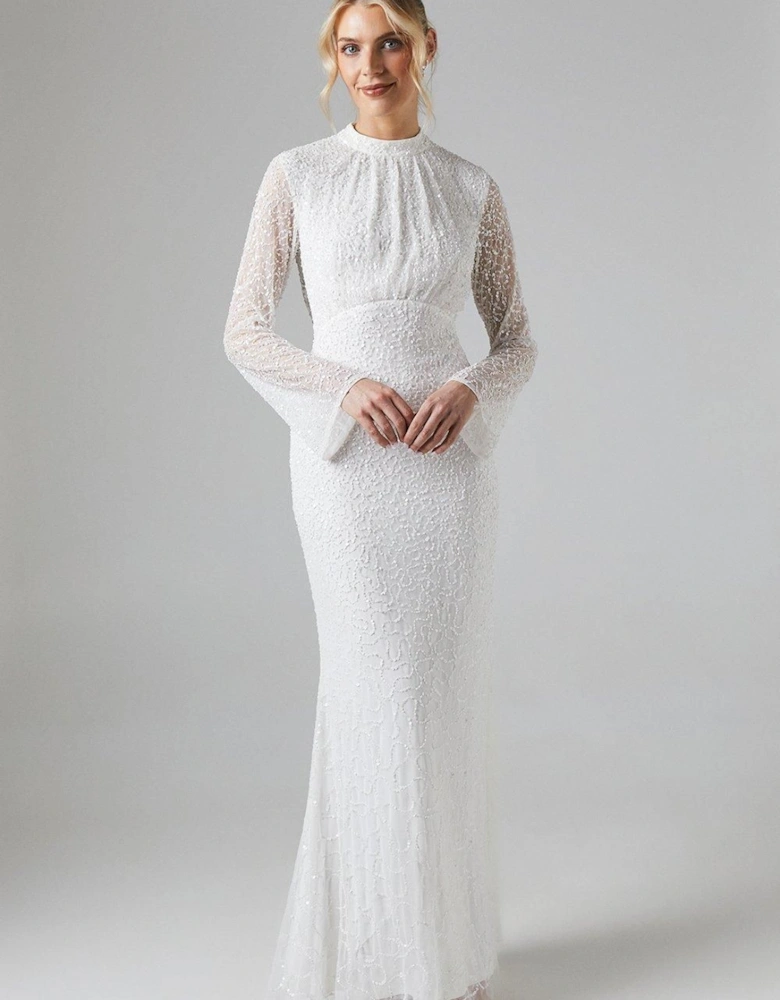 High Neck Long Sleeve Sequin Embellished Cowl Back Wedding Dress