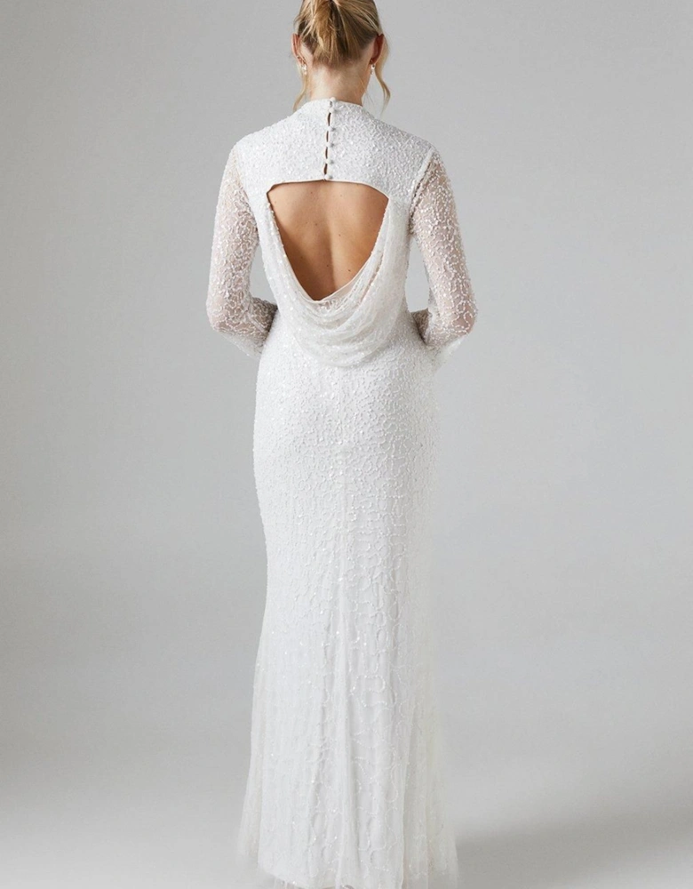 High Neck Long Sleeve Sequin Embellished Cowl Back Wedding Dress