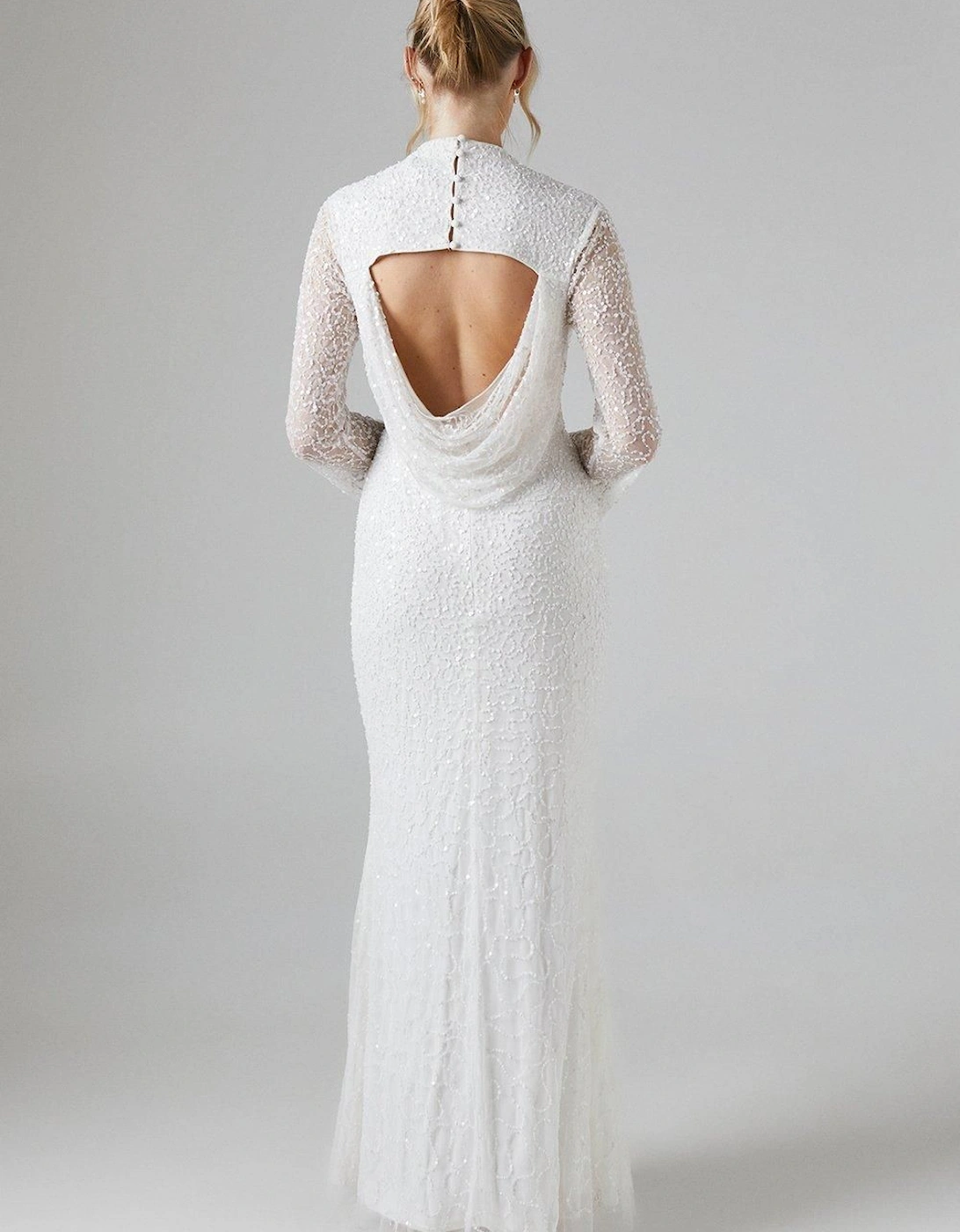 High Neck Long Sleeve Sequin Embellished Cowl Back Wedding Dress