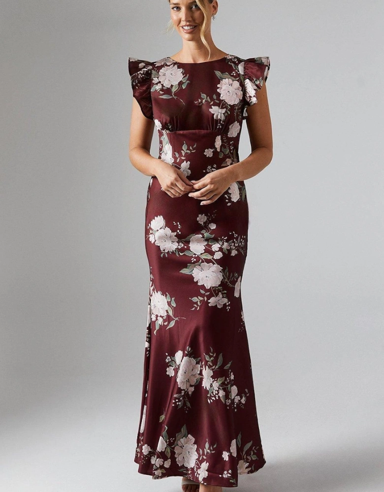 Printed Ruffle Angel Sleeve Crepe Bridesmaid Maxi Dress