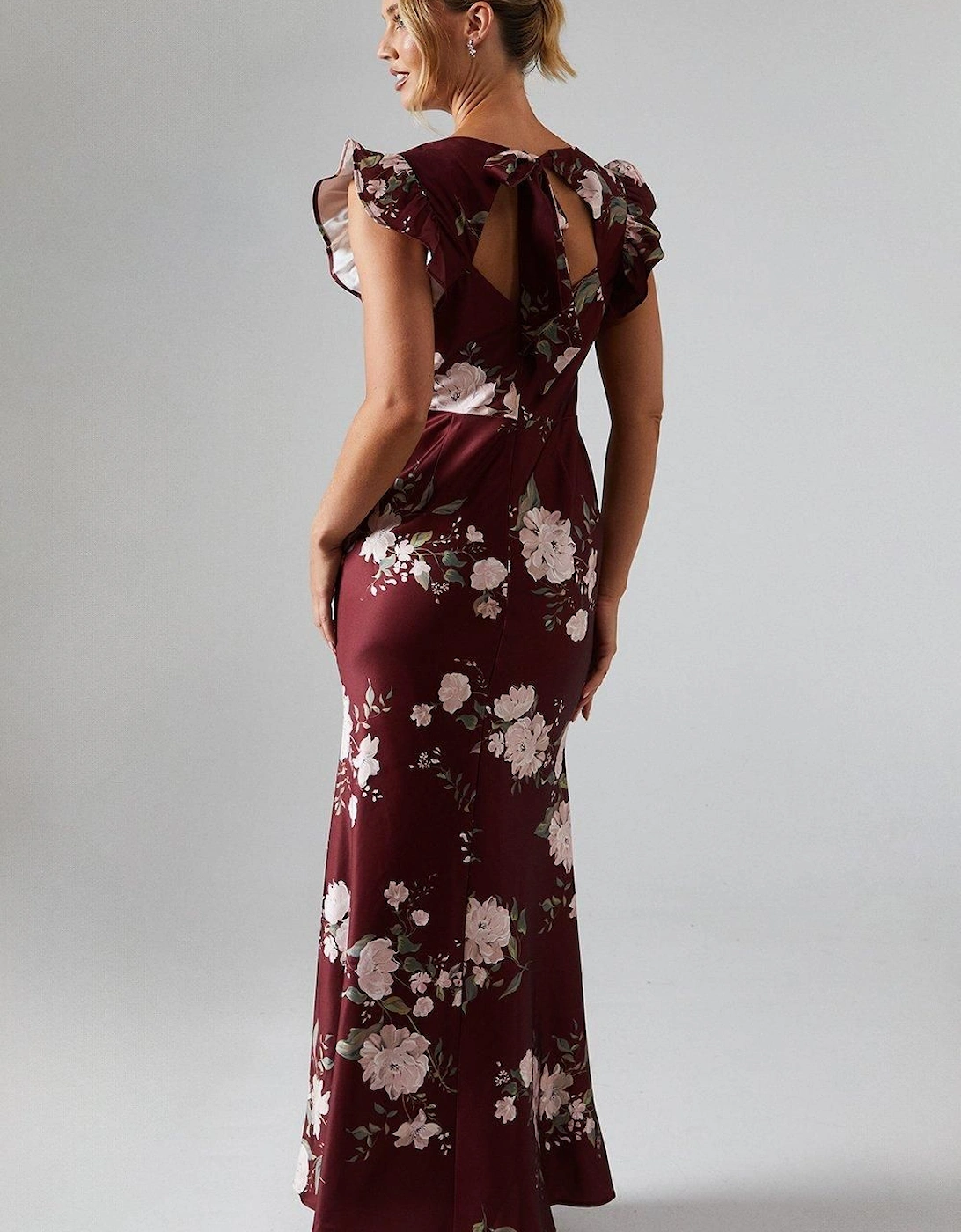 Printed Ruffle Angel Sleeve Crepe Bridesmaid Maxi Dress