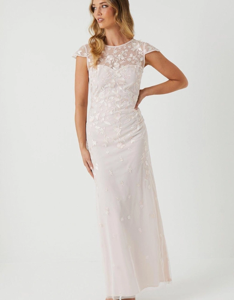 Floral Embroidered Cap Sleeve Bridesmaid Maxi Dress