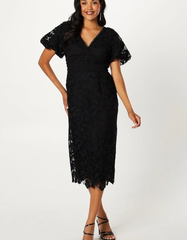 Puff Sleeve Lace Midi Dress With Trims