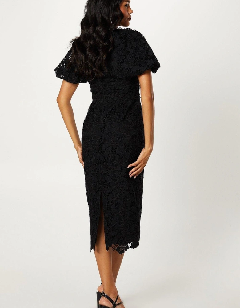 Puff Sleeve Lace Midi Dress With Trims