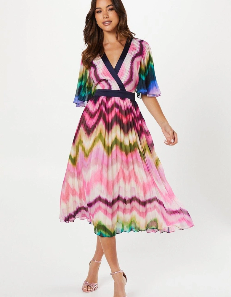 Stripe Print Pleated Midi Wedding Guest Dress