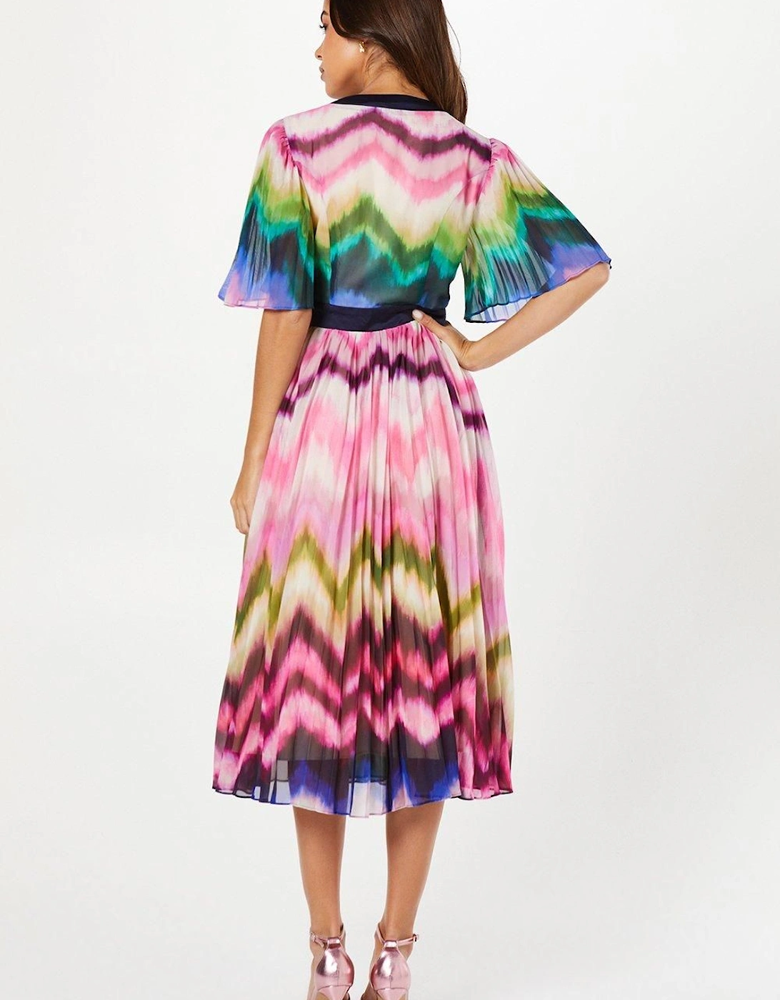 Stripe Print Pleated Midi Wedding Guest Dress