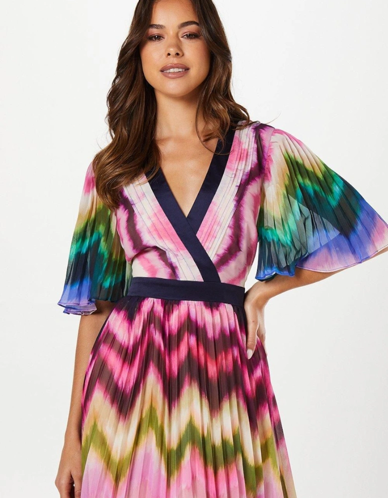 Stripe Print Pleated Midi Wedding Guest Dress