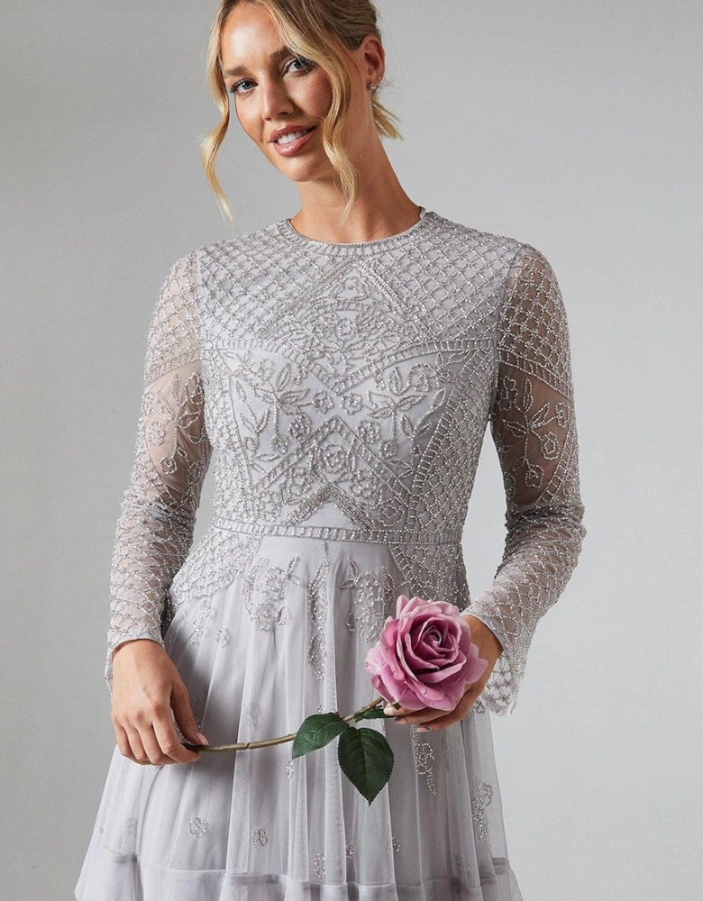 Embellished Artwork Long Sleeve Tiered Bridesmaids Maxi Dress